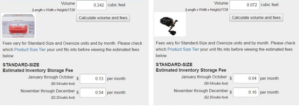 FBA inventory storage fee comparison for two random products