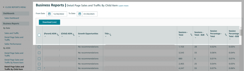 Image: Business reports - detail page sales and traffic by child item