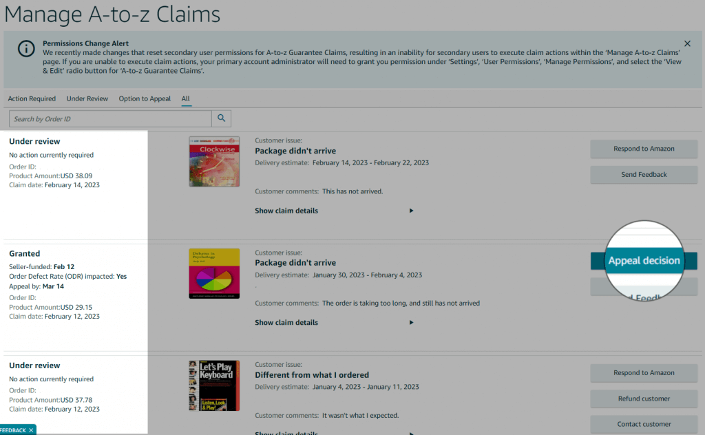 Image: Screenshot of all AtoZ claims, highlighting how to appeal a decision