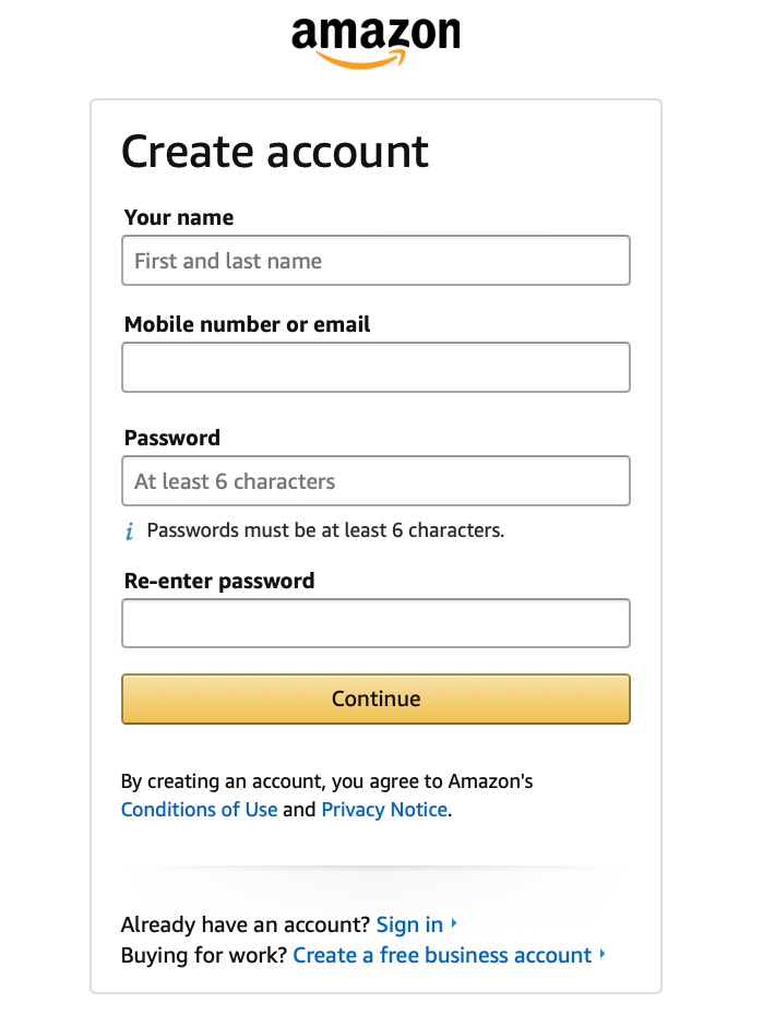 Image: Sign up form for new Amazon users