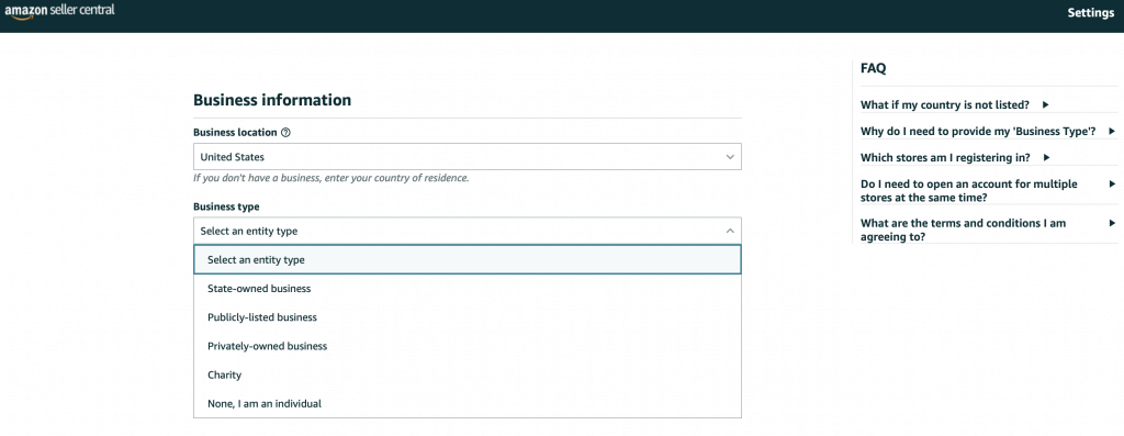 Image: Screenshot of choosing business type after settting up a seller account with existing Amazon account