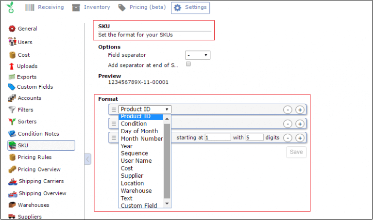 Image: SKU format in Sellery