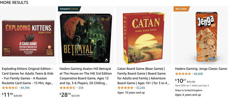 Image: reel of board games with one showing amazon's choice tag