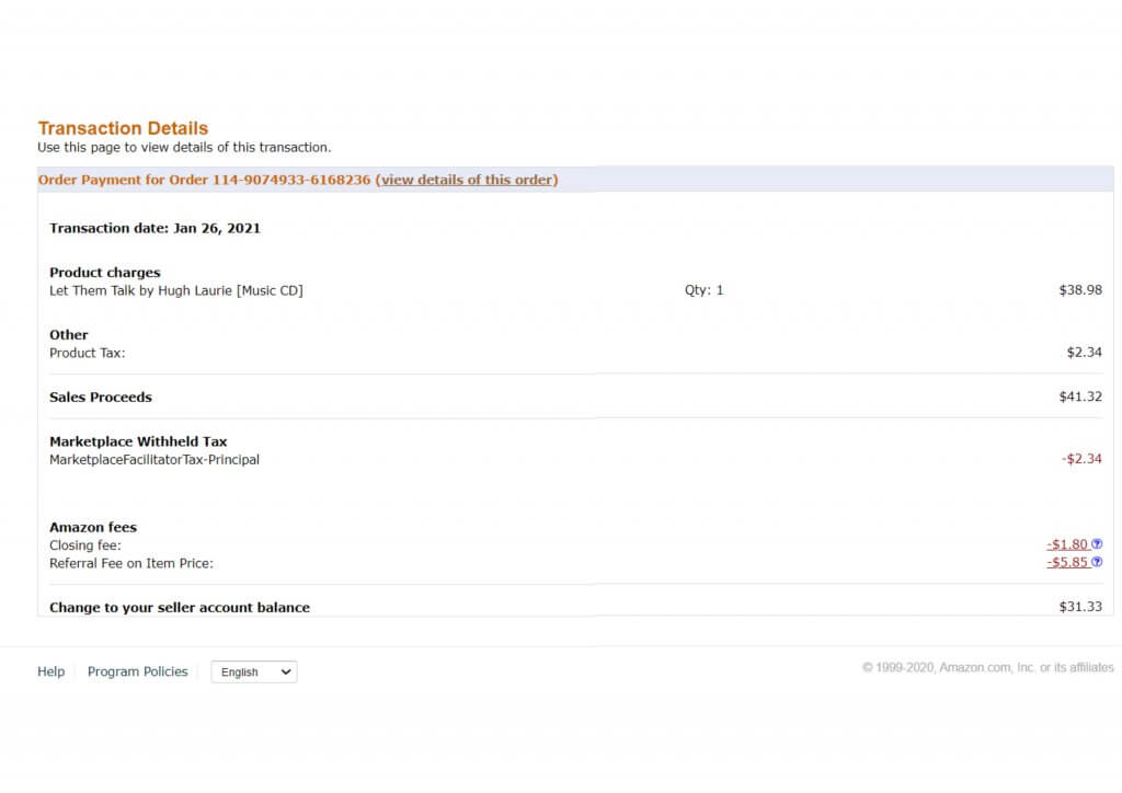 Image: Example of Amazon Fees - Screenshot