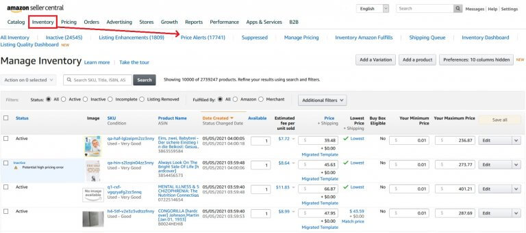 Image: Price Alerts link under the Inventory tab in Seller Central