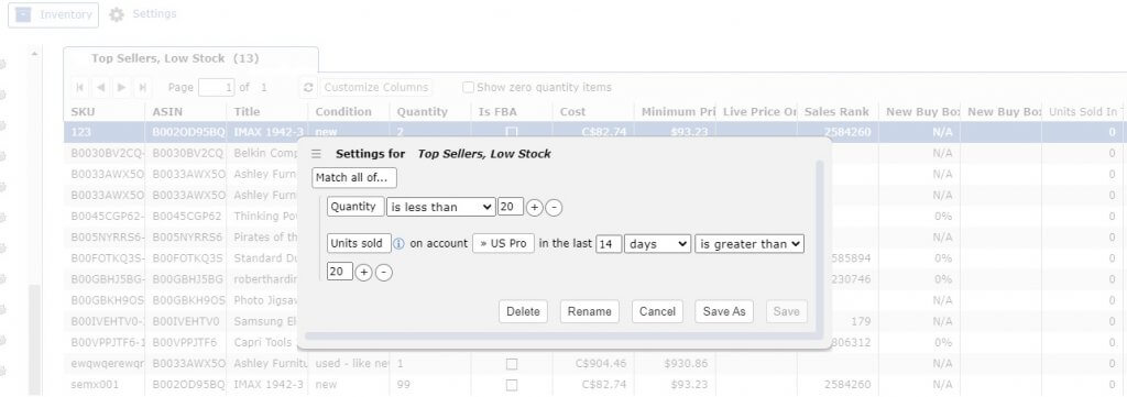 Image: Settings for Top Sellers, Low Stock in Sellery