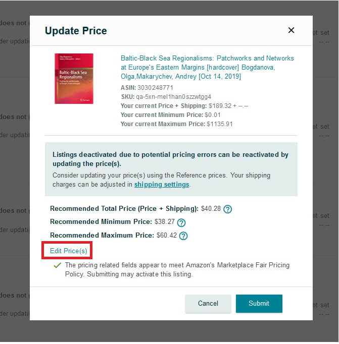 Image: The Update Price pop-up window