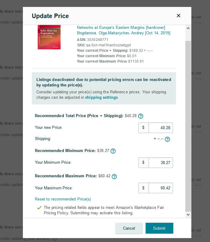 Image: Seller vs. Amazon price thresholds in Update Price pop-up