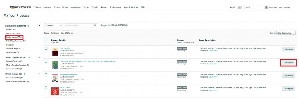 Image: Filtering listings and updating prices on the Fix Your Products page