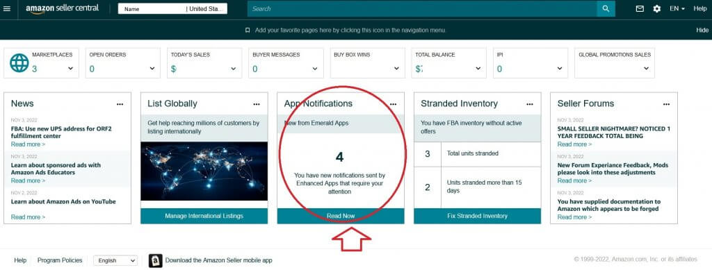Image: Emerald Notifications in Seller Central
