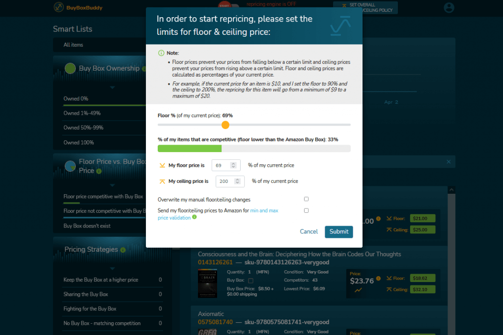 Image: Repricing screenshot in BuyBoxBuddy