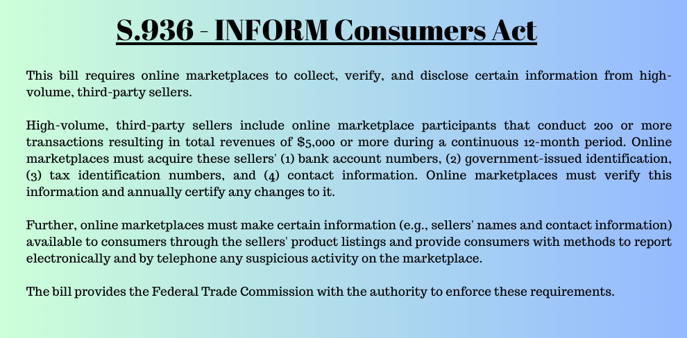 Text summary of the S.936 - US INFORM Consumers Act requirements for online marketplaces regarding high-volume, third-party sellers.