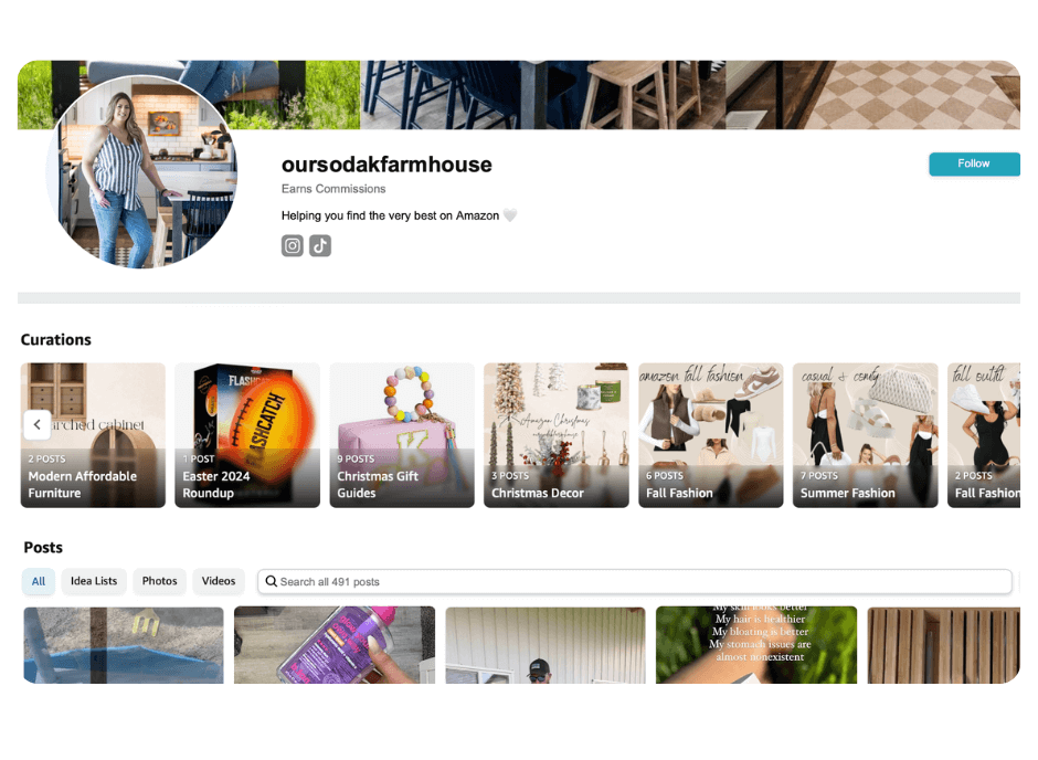 An influencer profile page for "oursodakfarmhouse" on Amazon, showcasing various curated posts and collections related to home decor and fashion.