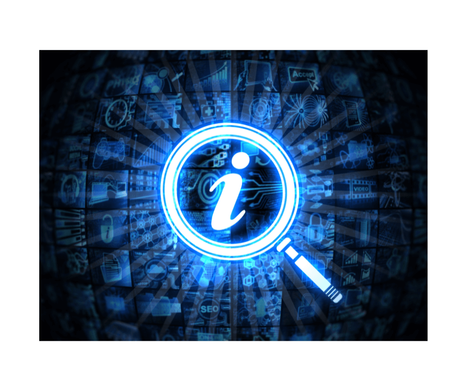 Magnifying glass highlighting an information icon with a background of various digital and technology-related icons, representing the US INFORM Consumers Act.