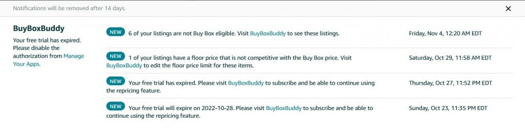 Screenshot of Amazon Seller Central notifications indicating BuyBoxBuddy free trial expiration and actionable items for listings.