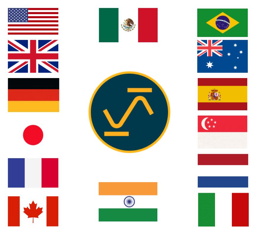 Collage of various national flags with a central icon symbolizing global economic growth.