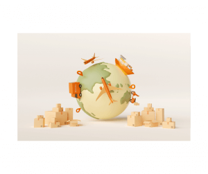 Illustration of a globe with airplanes and packages representing global shipping and e-commerce.