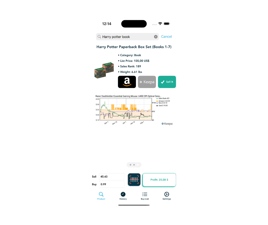 Screenshot of Profit Bandit app displaying a Harry Potter book set for Amazon sales tracking.