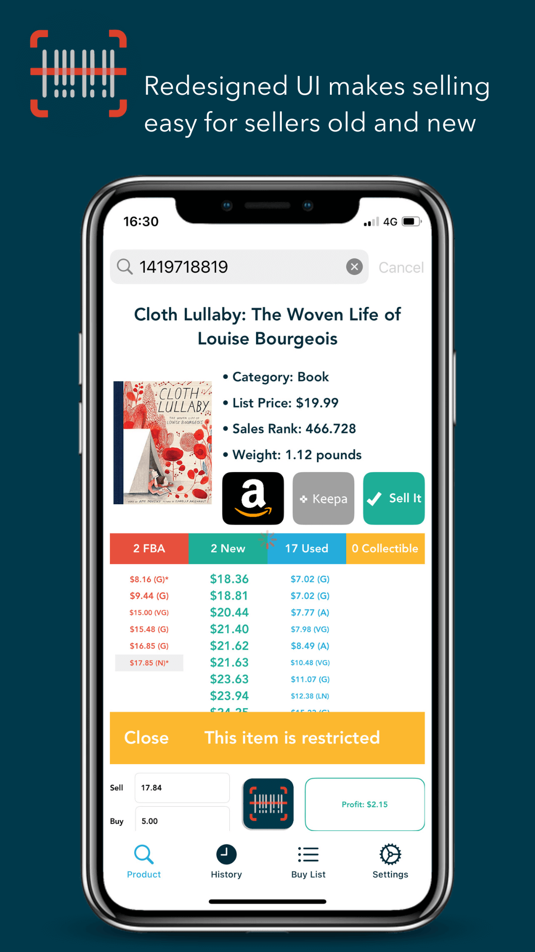 Screenshot of Profit Bandit app showing product details and pricing for Amazon sellers.