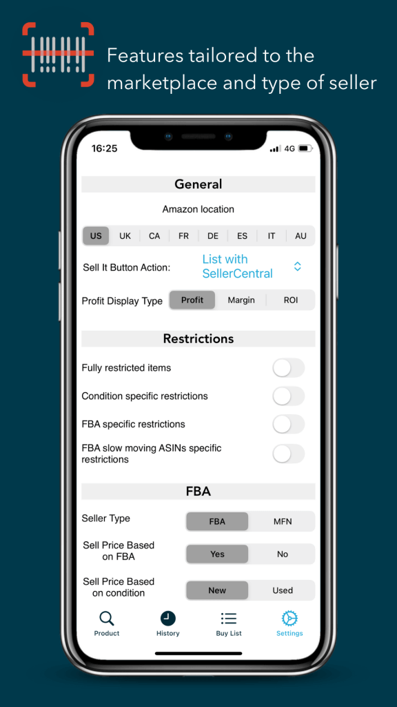 Mobile device displaying the settings page of the Profit Bandit app with various customization options.