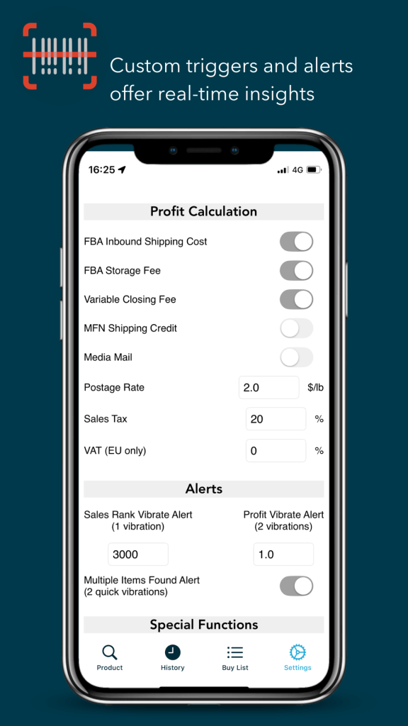 Mobile device displaying the settings page of the Profit Bandit app with profit calculation and alert options.