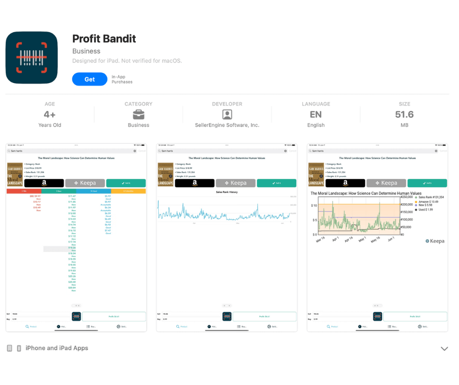 App Store page for Profit Bandit app showing screenshots of the app interface and details.