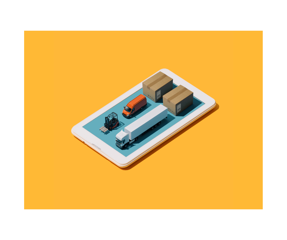 Digital illustration of a tablet with miniature delivery vehicles and packages, representing Amazon FBA shipment creation process for efficient logistics.