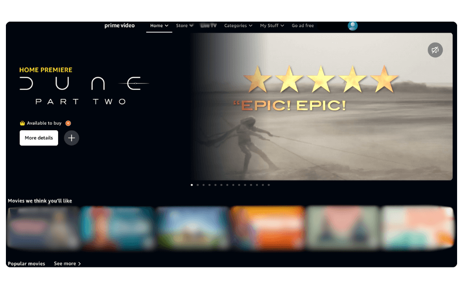 Amazon Prime Video interface showcasing Dune Part Two with a five-star review.