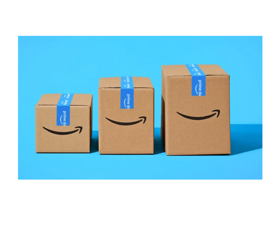 Three Amazon Prime packages in different sizes with blue Prime Day tape against a blue background.