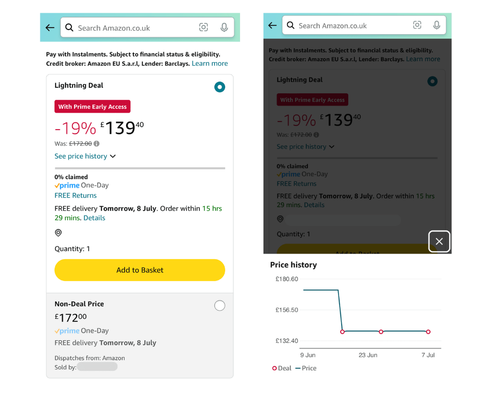 Amazon Prime Early Access lightning deal showing a 19% discount on a product priced at £139.40, with a price history graph.