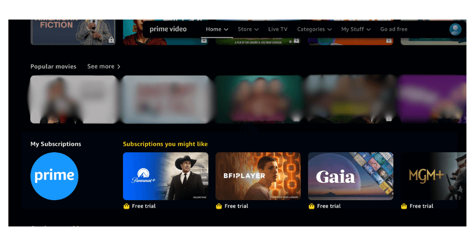 Amazon Prime Video interface showcasing subscriptions with free trial options like Paramount+, BFI Player, Gaia, and MGM+.