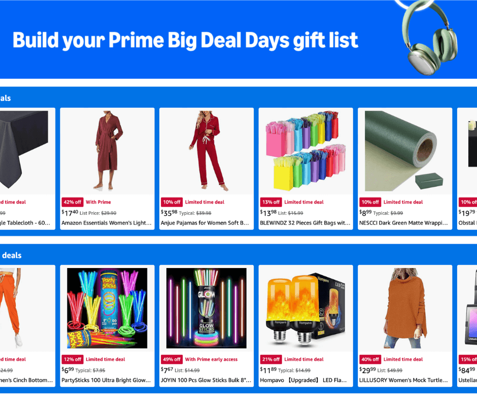 Amazon Prime Big Deal Days gift list with discounted products and Prime Day deals