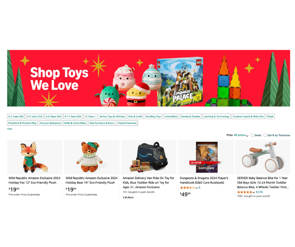 Amazon toys gift guide featuring plush toys, ride-on toys, and games for Prime Big Deal Days and Prime Day