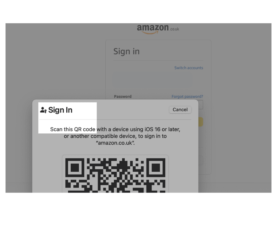 Amazon sign-in page with QR code login option for iOS devices on amazon.co.uk