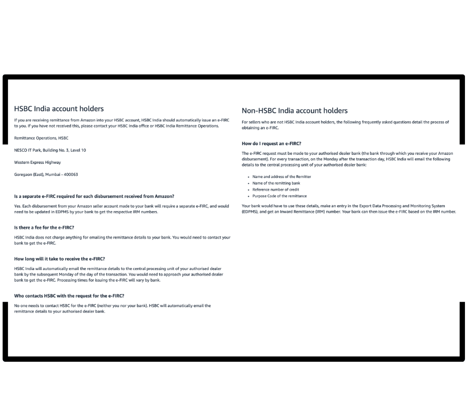 Instructions for HSBC and Non-HSBC India account holders on how to obtain e-FIRC for Amazon disbursements.