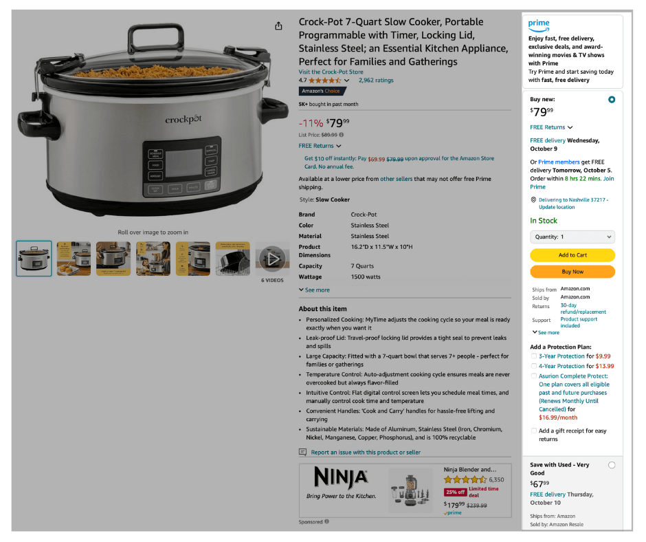 Amazon Buy Box on a Product Listing for a Crock-Pot Slow Cooker