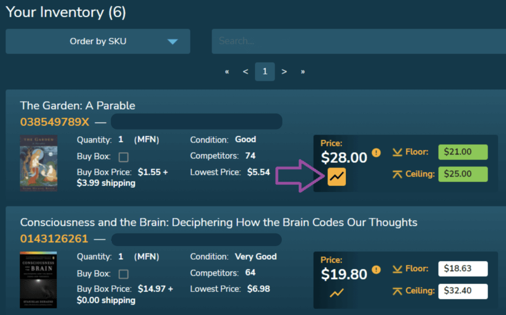 A screenshot of BuyBoxBuddy inventory management system showing product listings, prices, and the Buy Box metrics for Amazon sellers.