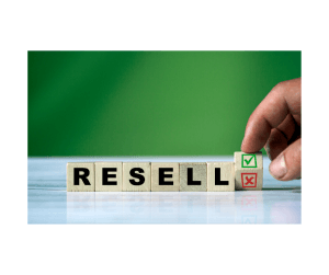 Hand adjusting wooden blocks spelling 'resell' with green check and red cross boxes, concept of reselling returned items on Amazon.