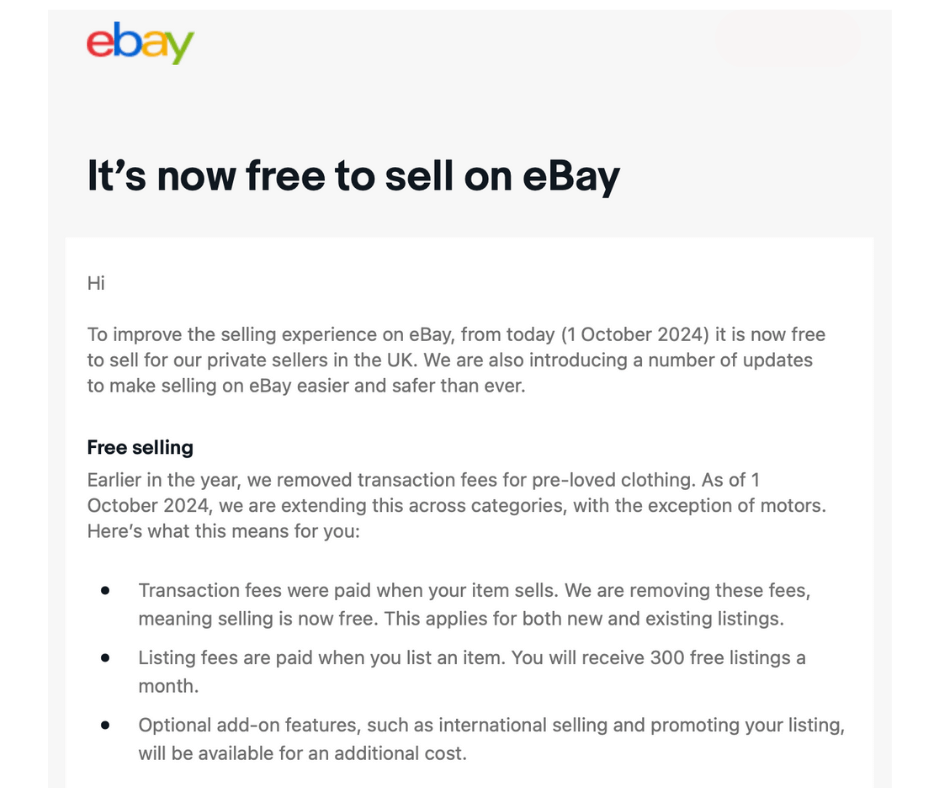 eBay Announcement About Free Selling for Private Sellers