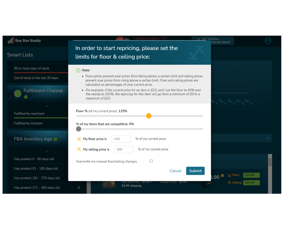 Amazon repricing tool with options to set floor and ceiling price limits for competitive pricing