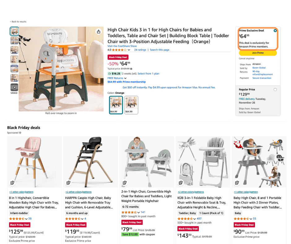 Amazon product listing for a High Chair 3-in-1 for kids, showcasing a Black Friday deal with Prime-exclusive pricing and related discounted high chairs.