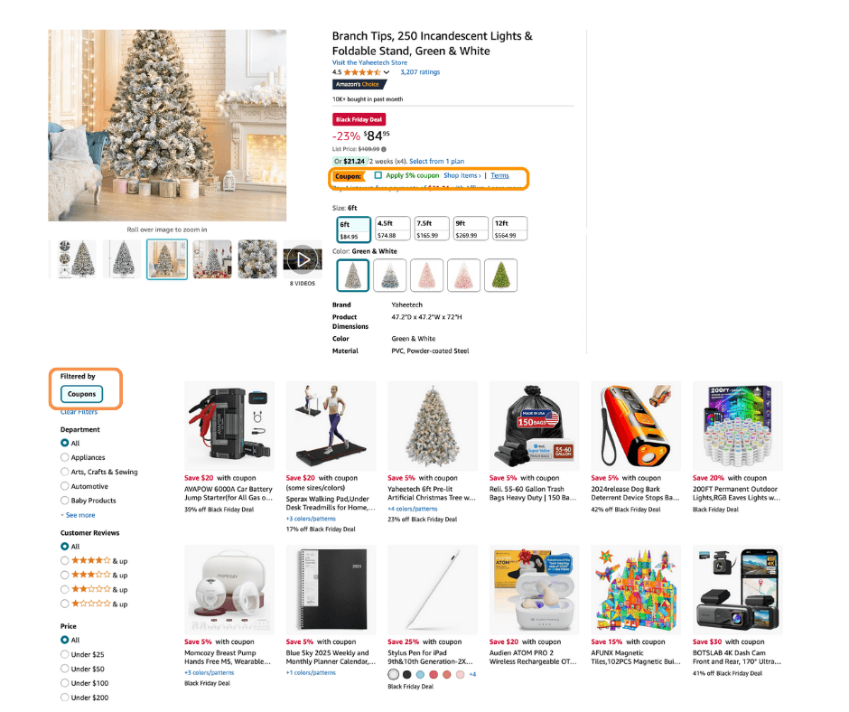 Amazon product listing for a Yaheetech pre-lit Christmas tree with a Black Friday deal, featuring coupons and related holiday discounts.