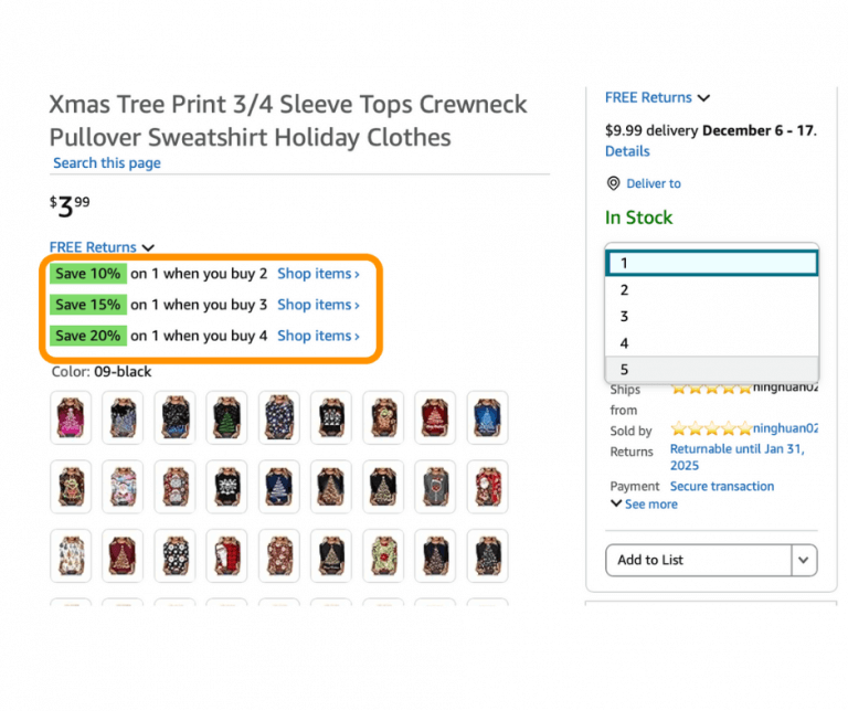Amazon product listing for Xmas Tree Print 3/4 Sleeve Tops with tiered discounts offering 10%, 15%, and 20% savings based on quantity purchased.