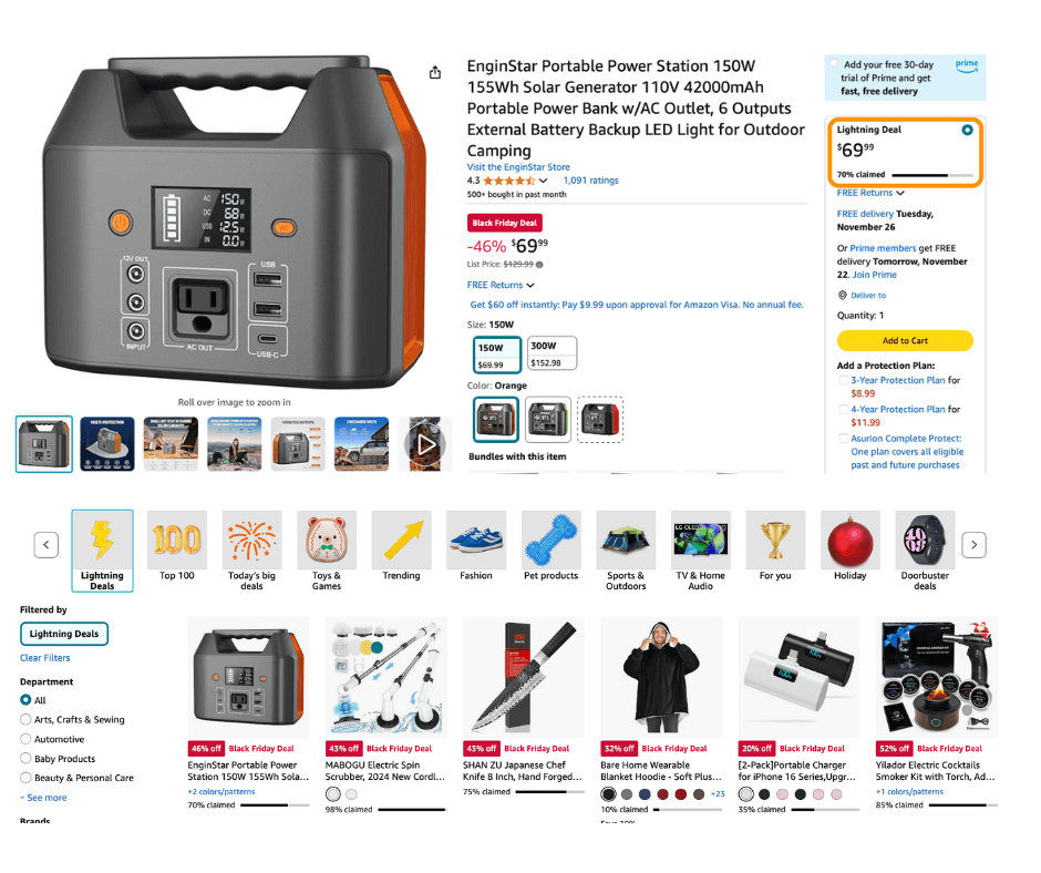 Amazon product listing for EnginStar Portable Power Station with a Black Friday deal, showcasing discounted price, product details, and related Lightning Deals.