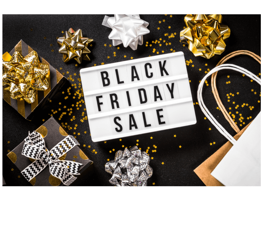 Black Friday sale setup with gift boxes, gold and silver bows, and a lightbox reading 'Black Friday Sale,' representing Amazon seller promotions.