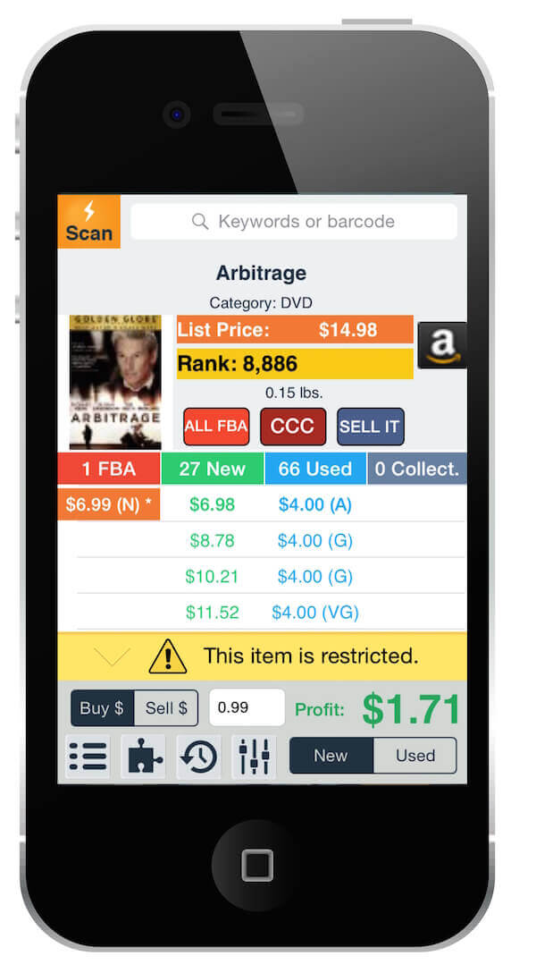 Profit Bandit Mobile app interface showing restricted item alert for a DVD on Amazon, with pricing, rank, and profit information.