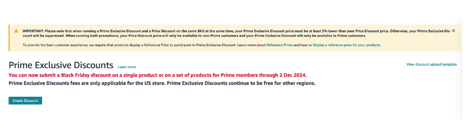 Amazon Prime Exclusive Discounts page with guidelines for Black Friday discounts and promotions