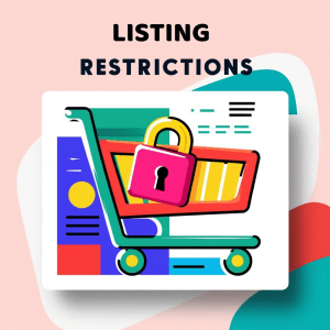 Graphic of a shopping cart with a lock symbol, representing Amazon listing restrictions for sellers.