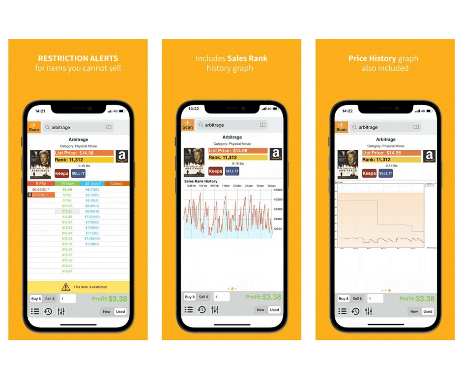 Amazon seller app screenshots showing restriction alerts, sales rank history, and price history for Black Friday and Cyber Monday