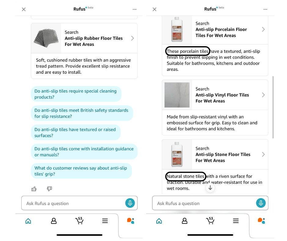 Rufus chatbot interface displaying options for anti-slip floor tiles, including rubber, porcelain, vinyl, and stone